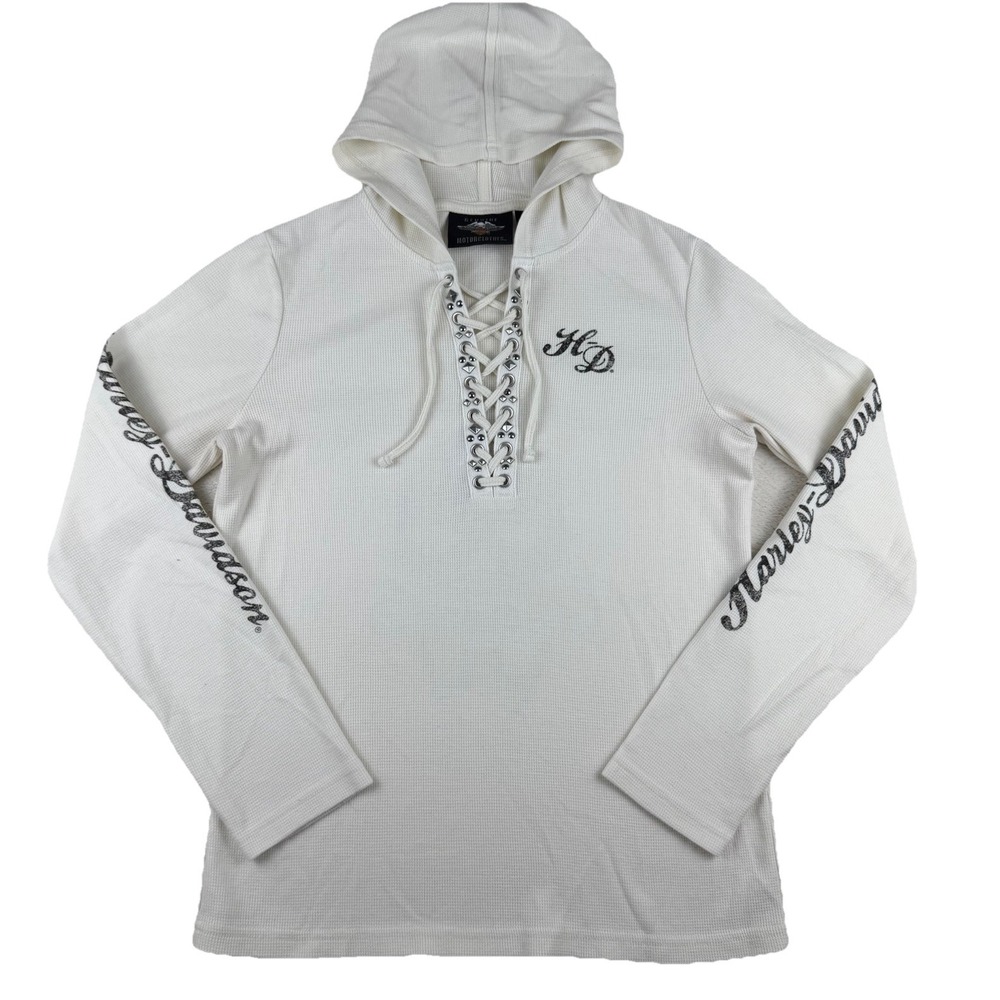 Harley Davidson Womens M Top Long Sleeve Waffle Lace Up Studs Skull Hoodie Ivory